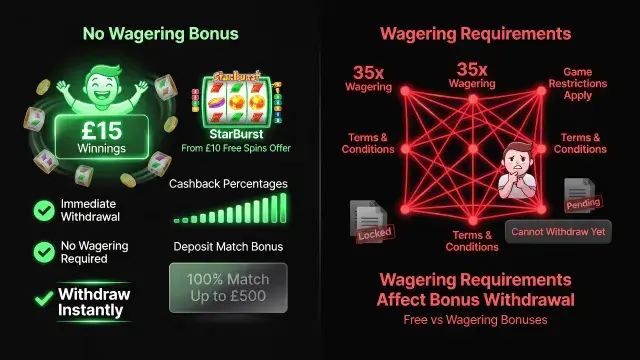 No Wagering Bonus Meaning: How Wagering Requirements Affect Bonus Withdrawal, Terms & Conditions, and Free vs Wagering Bonuses